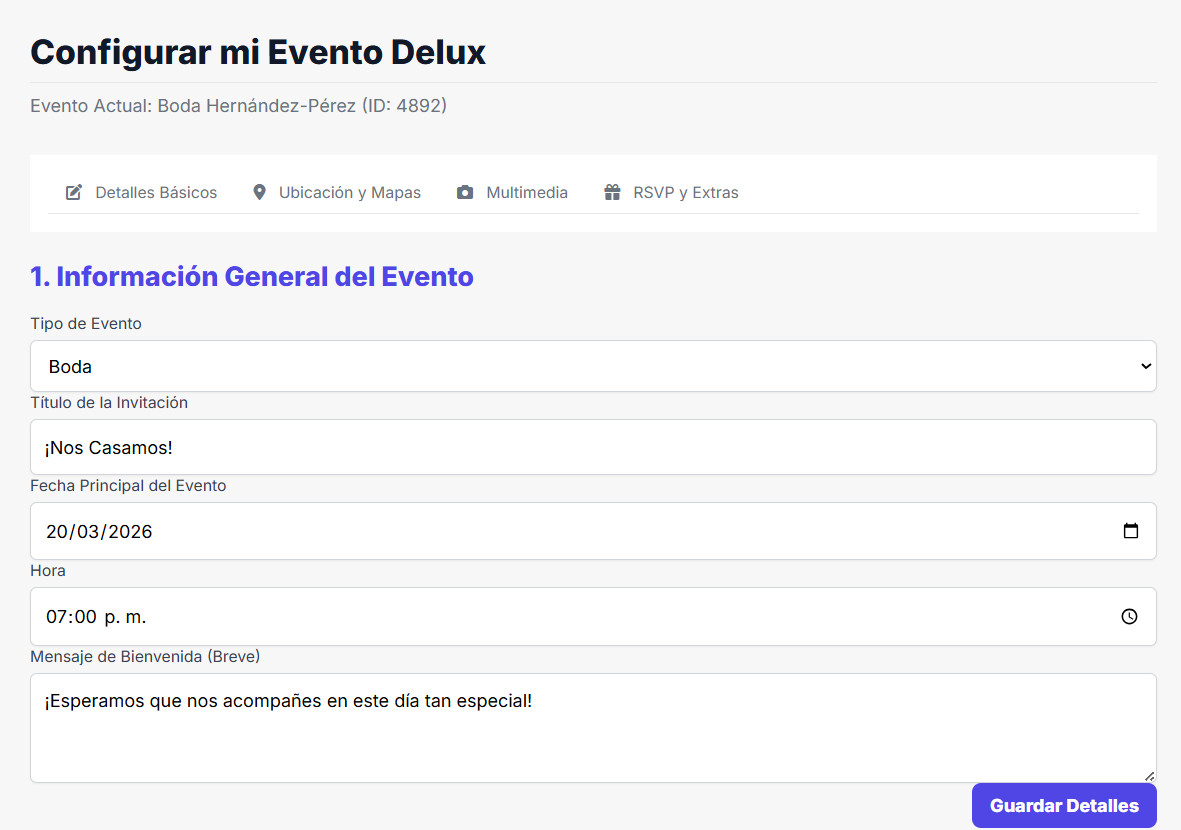 Panel de configuración del evento